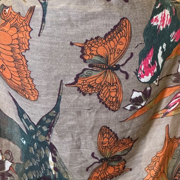 Unbranded Scarf Womens Long Rectangle Bird Butterfly Brown Green Fringe - Picture 9 of 9